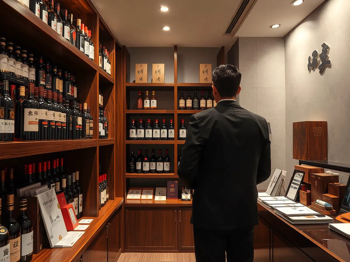 香仕奇酒水展示区，陈列多款白酒和礼盒