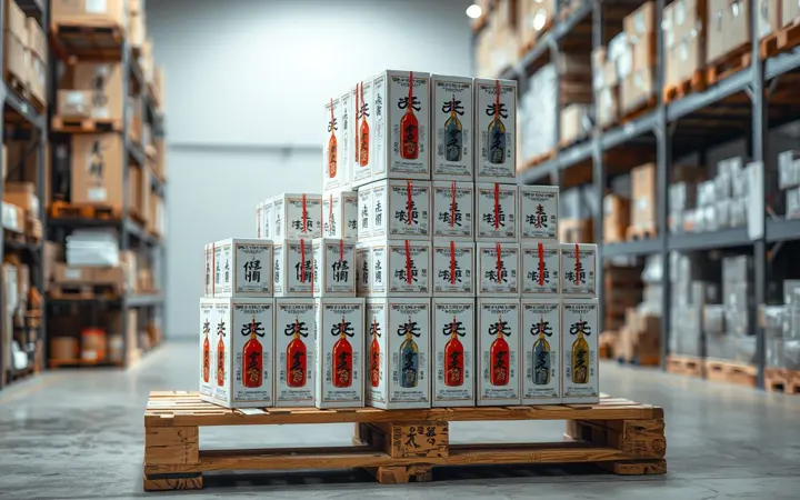 香仕奇白酒礼盒成品堆放在仓库托盘上，准备发货