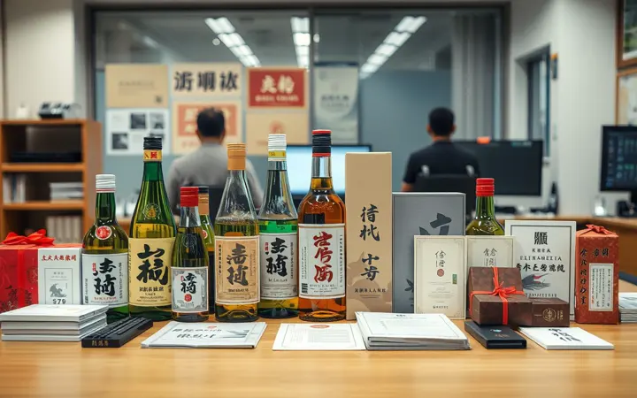 多款白酒礼盒与瓶装酒整齐排列在桌面上