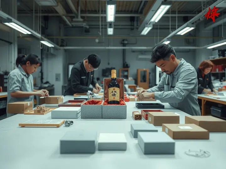 礼盒组装现场，工人进行质检和包装