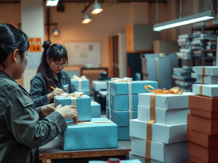 工人加班包装礼盒，成品整齐堆放在一旁