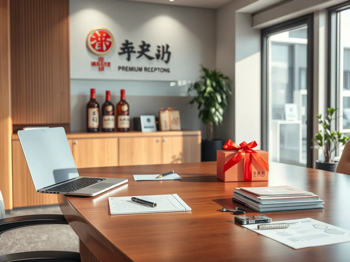 香仕奇企业联系接待区，展示白酒产品和办公环境