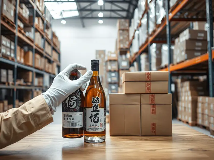 质检人员检查白酒瓶和礼盒包装