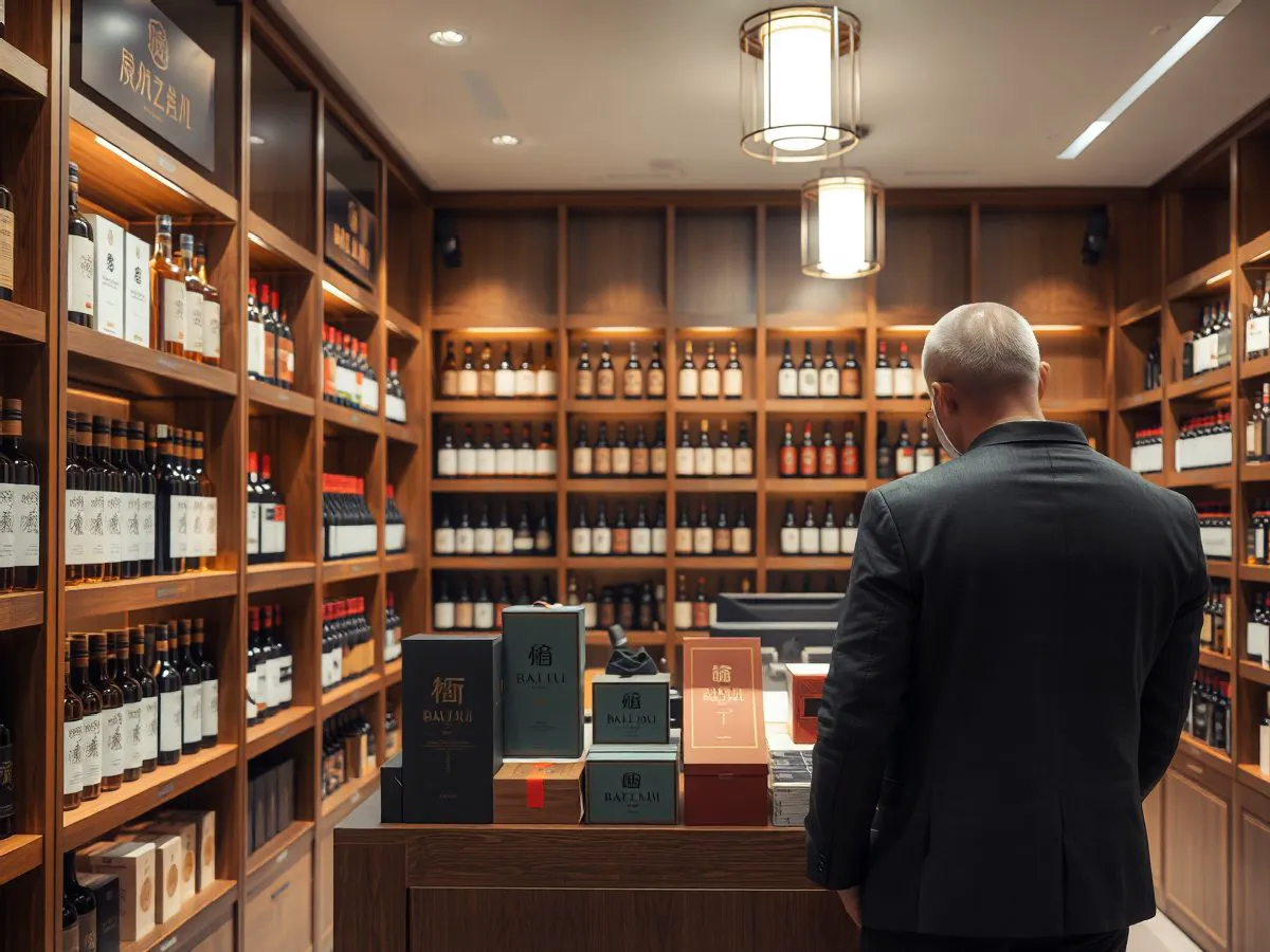 香仕奇企业团购酒方案展示，白酒与礼盒在精品酒柜中的陈列
