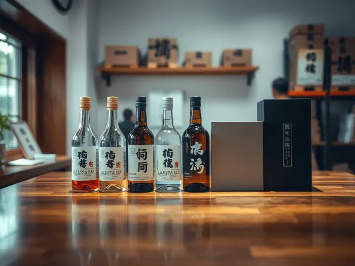 香仕奇白酒产品与礼盒展示，多种规格和包装样式