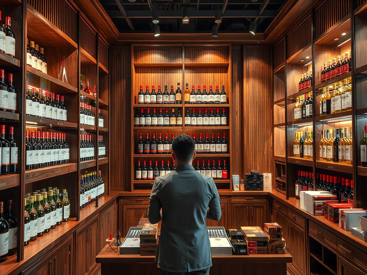香仕奇白酒产品展示区，陈列多款白酒和礼盒