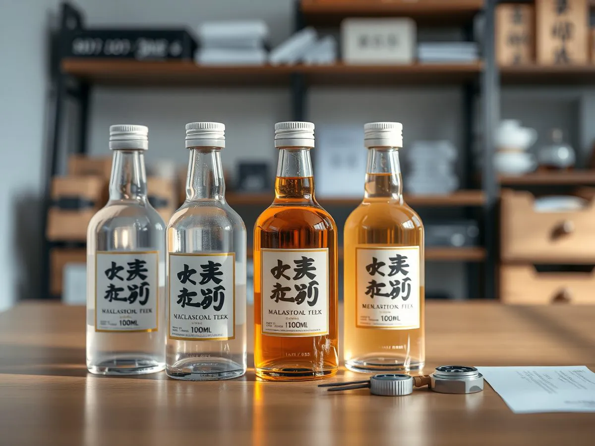 三款100ml小酒版白酒瓶并排陈列，展示不同香型