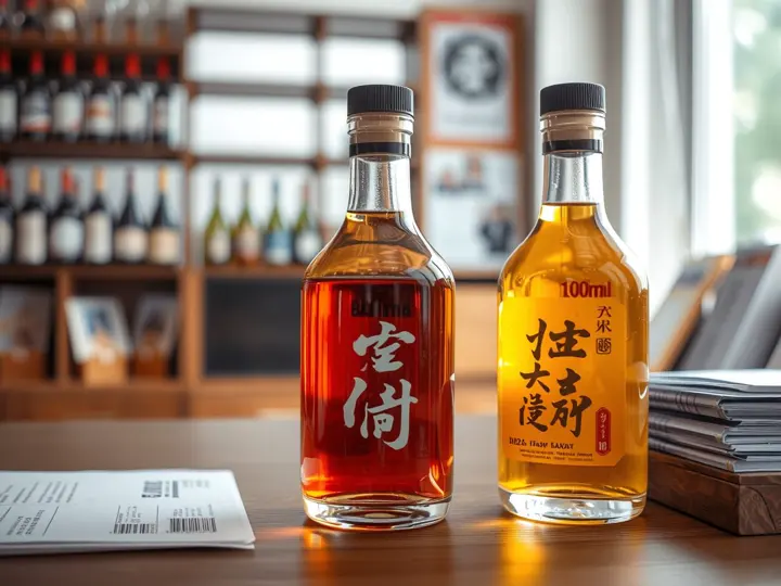 品鉴装小酒版三款香型近景，木质品鉴台背景