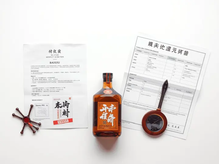 小酒版样品、标签设计稿和质检报告摆放在桌面上