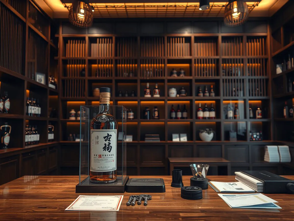 香仕奇年份老酒展示，一瓶独立编号的限量珍藏老酒置于展柜中，旁有收藏证书。