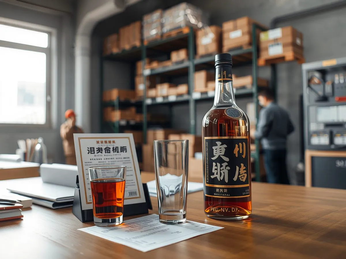 浓香型白酒质检报告与酒瓶在检测台上的场景