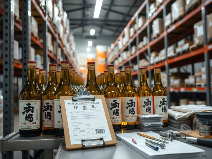 仓库货架上的白酒批次产品与质检报告
