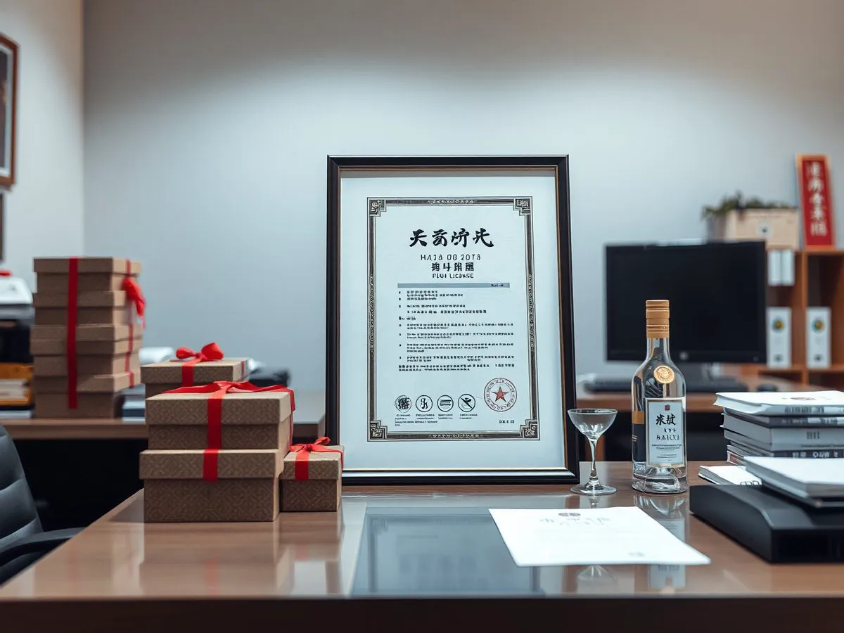 食品经营许可证与白酒礼盒展示