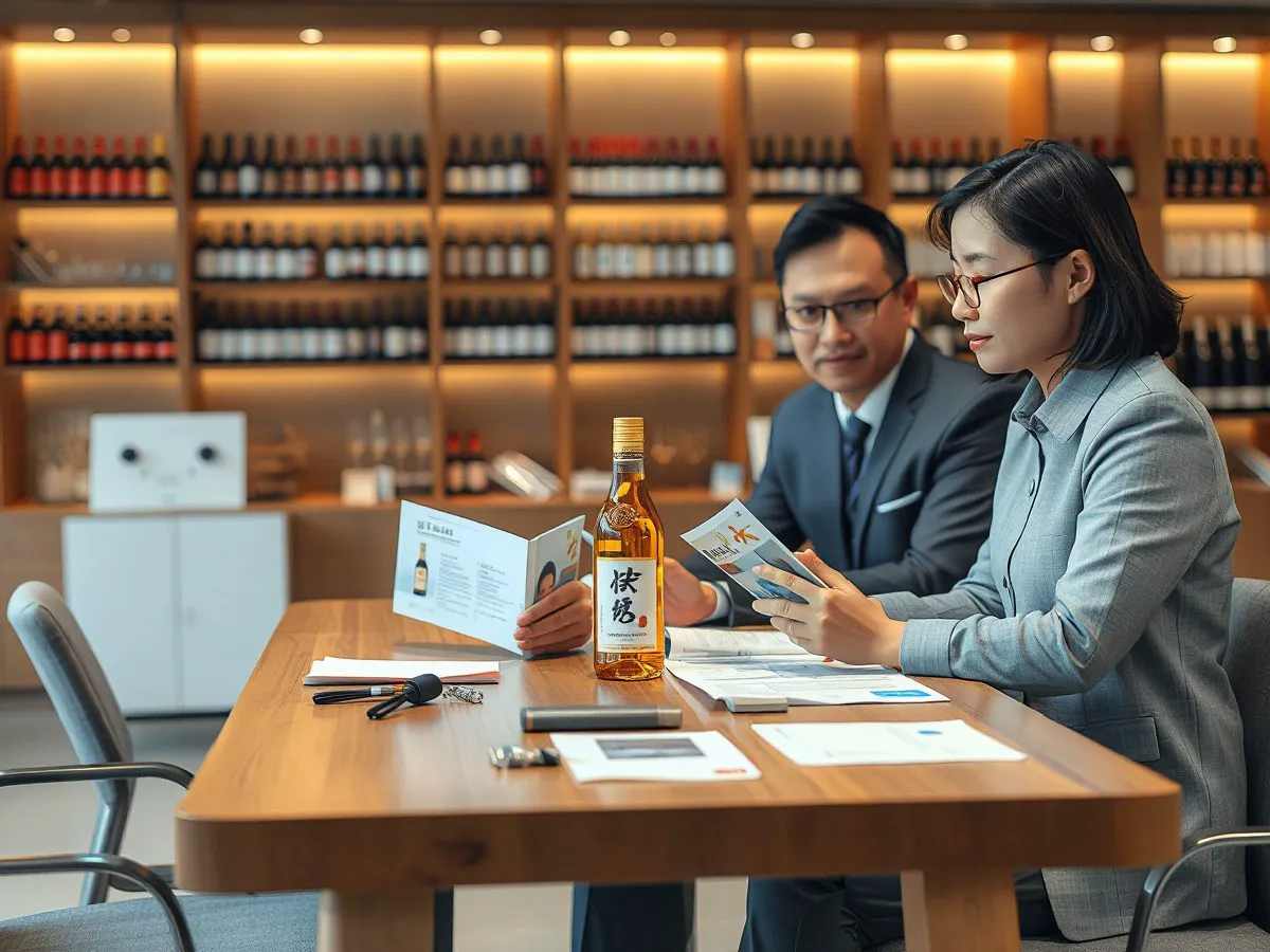 香仕奇销售顾问与客户进行需求沟通，桌上摆放产品资料和白酒样品