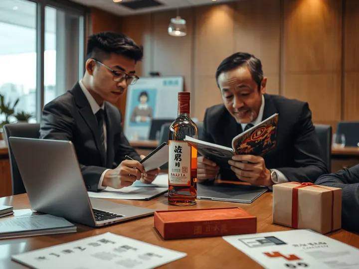 销售顾问记录客户需求，客户查看白酒样品