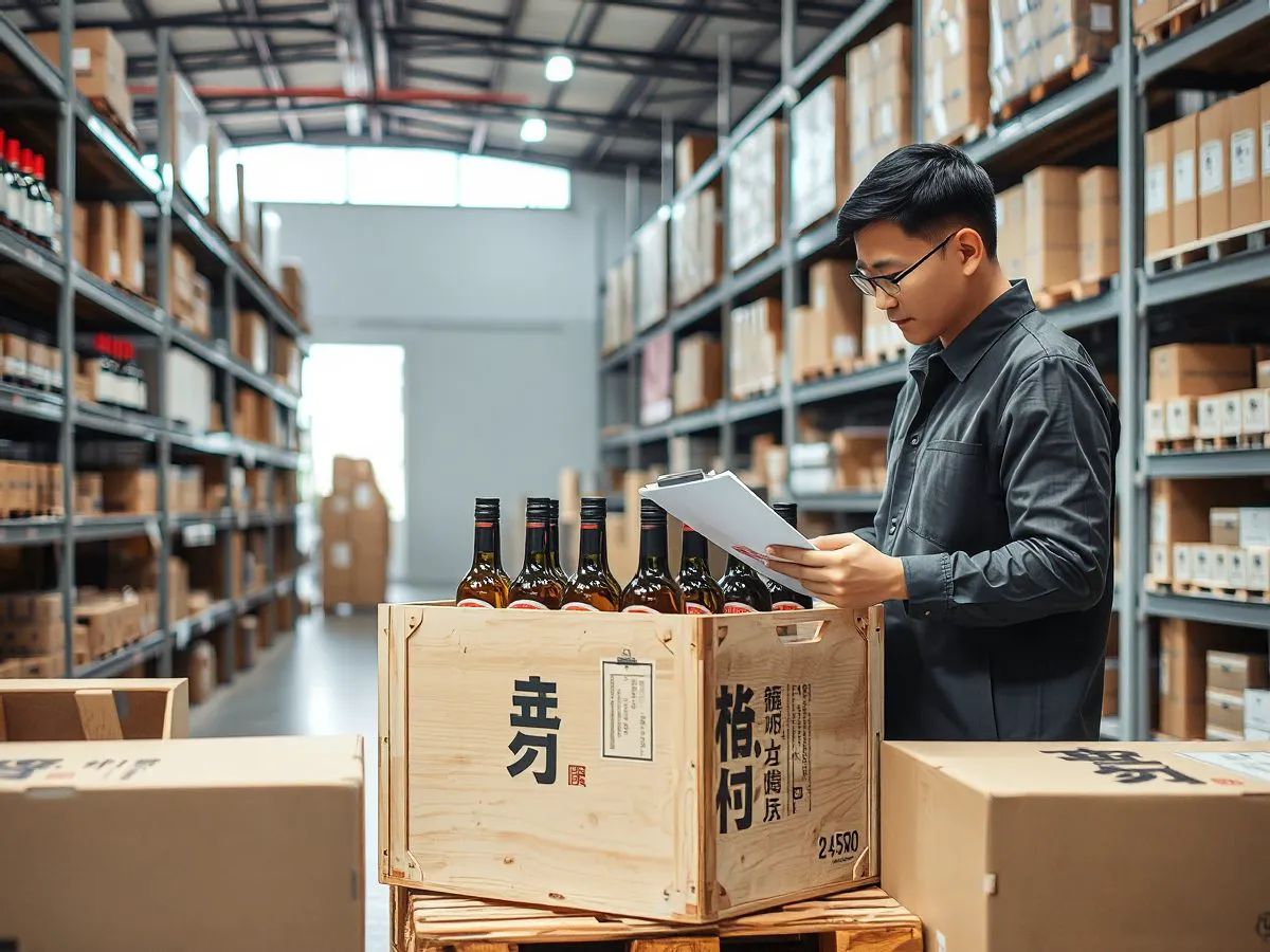 香仕奇验收确认场景：客户与工作人员共同检查白酒礼盒货物