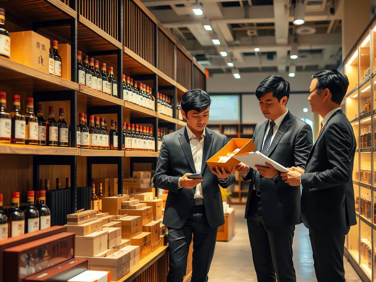 企业年节采购方案展示，香仕奇白酒礼盒与商务洽谈场景