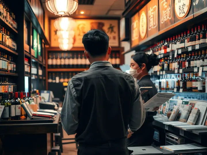 餐厅吧台酒水展示区，工作人员核对库存